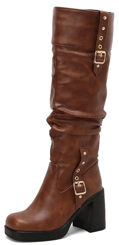 Lroey Reoly Femme Talon Bloc Hauts Bottes Mi-Mollet avec Plateforme Bout Carré Slouch Cx934 Marrón Taille 43 EU