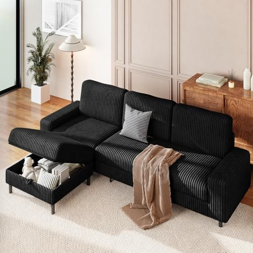HOMRELEXA L Shaped Sofa with Movable Storage Ottoman, 3-Seater Modular Sectional Sofa, Corduroy Couch, Wooden Frame, Deep Seat, Ideal for Living Room, Black