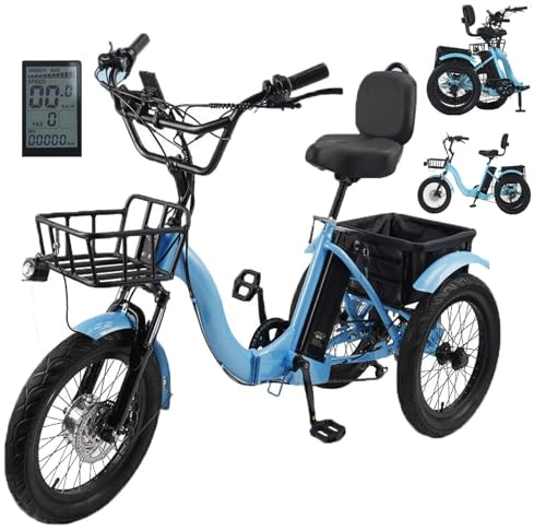 YhsPkAh Triciclo para Adultos con Neumáticos Anchos De 18x3 Pulgadas - Fácil Ascenso En Pendientes De 15°, Triciclo Eléctrico Plegable - 7 Velocidades, 3 Modos De Conducción Blue