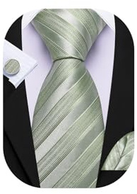 Barry.Wang Sage Green Tie Men's Silk Striped Necktie Pocket Square Cuff Links Sets Classic Formal Wedding