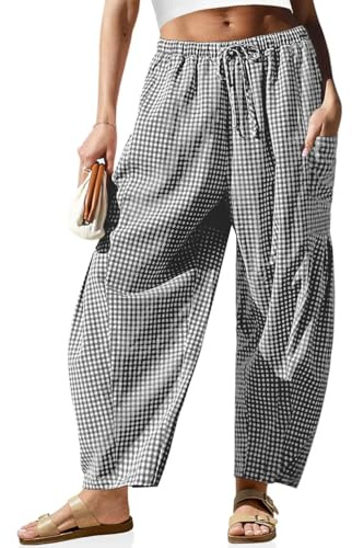 Anuedgis Women's Gingham Check Harem Pants High Waist Drawstring Beach Trousers with Pockets Summer Loungewear