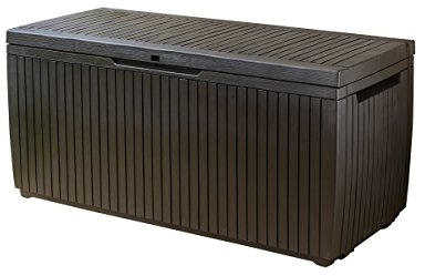 Keter Springwood 80 Gallon Resin Outdoor Storage Box for Patio Furniture Cushions, Pool Toys, and Garden Tools with Handles, Brown