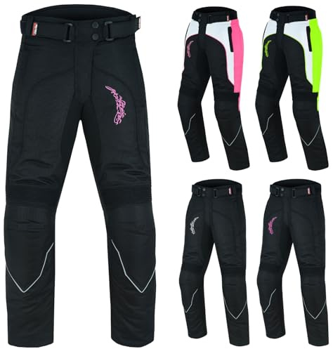 PROFIRST Textile Motorbike Motorcycle Ladies Trousers Waterproof CE Approved Armored Trouser Pant with Detachable Lining (32” Length) (Black with Pink Flower, S)