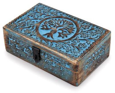 BHAVATU Handmade Mango Wood Blue Tree of Life Engraving Handcarved Jewellery Box for Women-Men Jewel | Home Decor Accents | Decorative Boxes