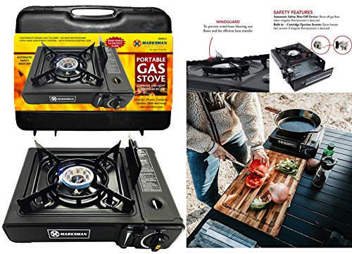 MARKSMAN - Cocina de gas portátil de butano para camping, incluye funda de transporte, barbacoa, exterior, interior, cocina, senderismo, quemador individual, caravana, casa, fiesta, barco, pesca,