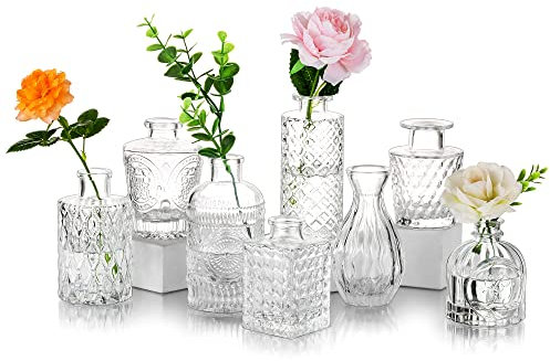 Pequeños Centros De Mesa De Cristal Jarrón De Flores: Glasseam 8 Piezas Vintage Mini Bud Sweet Pea Jarrones Set Cut Crystal Clear Botellas De Cuello Estrecho para Rosas Pampas Hierba Boda Decoración