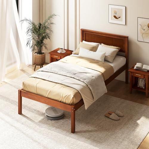 Giantex Twin Bed Frames with Headboard, Solid Wood Platform Bed with Wood Slat Support, Single Bed with 16 Under Bed Storage, Twin Bed Frames for Kids Adults Guests, Easy Assembly, Walnut