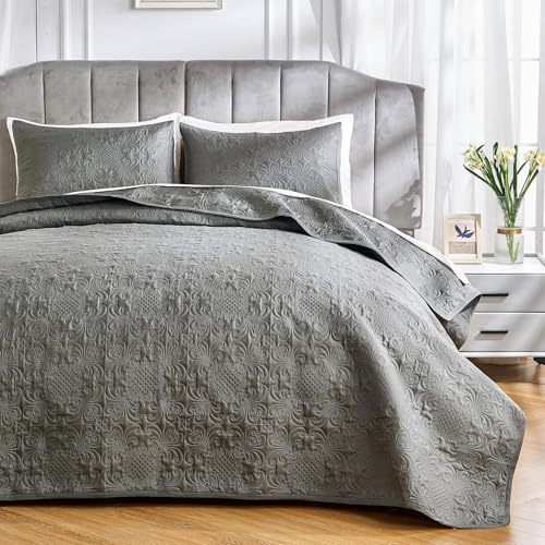 Qucover Colchas Camas 135 Azul, Estampado Vintage de Fores de Poliéster con Tecnología de Acolchado Ultrasónico y Fundas de Almohada 50x75cm (Gris, 228x243cm+50x75cm*2)