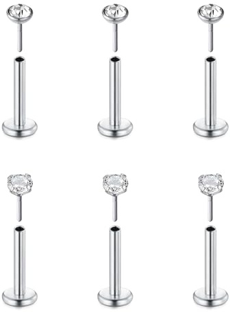 FECTAS 6pcs Threadless Push-in Cartilage Tragus Helix Piercing Jewellery Flat Back Stud Earrings Acier Inoxydable 16G 8mm Lip Bars Labret Lip Ear Medusa Piercing 2mm CZ Silver