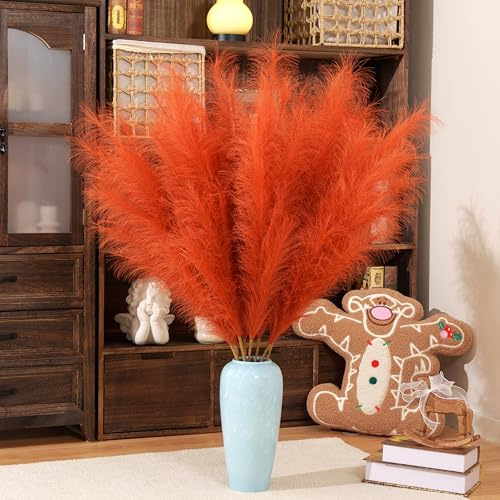 penepico Premium Erba Pampa Artificiale in Arancia, alta, 8 pezzi, 110 cm, senza montaggio, grandi fiori di pampa artificiali, soffici, lunghe erbe artificiali per soggiorno Boho