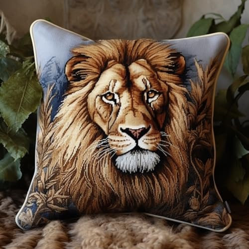 Taxpy DIY knüpfkissen mit vordruck Löwe-Tier-Kreuzstich-Sofakissenbezug mit Knüpfwerkzeug，passend für Jugendliche und Erwachsene 17x17in