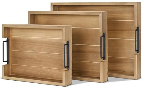 Flexzion Rustikales Servierset – 3-teiliges Serviertablett aus Tannenholz mit Griff, stapelbares Charcuterie-Tablett für Ottomane, Couchtisch, Ess- und Deko-Set