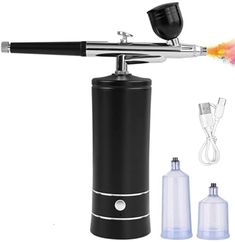 Hiseeyo Airbrush, Upgraded Airbrush Kit with Compressor & rRechargeable Portable Cordless Air Brush Nail Machine, Airbrush Gun Set for Nail Art, Cake Decor, Makeup, Barber, Model Painting (Black)