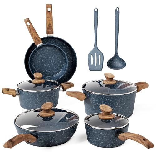 Kitchen Academy 12 Pieces Nonstick Pots and Pans Set, Induction Cooking Pan Set, Non Stick Saucepan Set, Frying Pan Set (Blue)