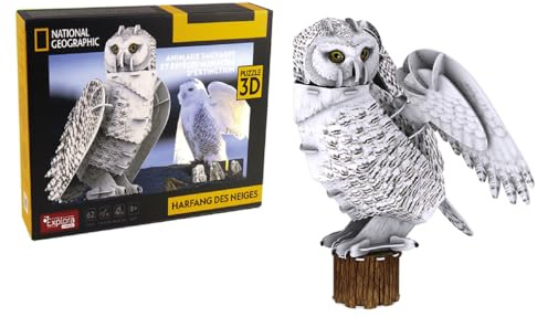 EXPLORA - Gufo delle Nevi - Puzzle 3D - 540214 - 62Pezzi - Animali - Livello 4 - Senza Colla o Forbici - Uccelli - Costruzione - Licenza National Geographic - Gioco di Costruzione - A partire da 8anni