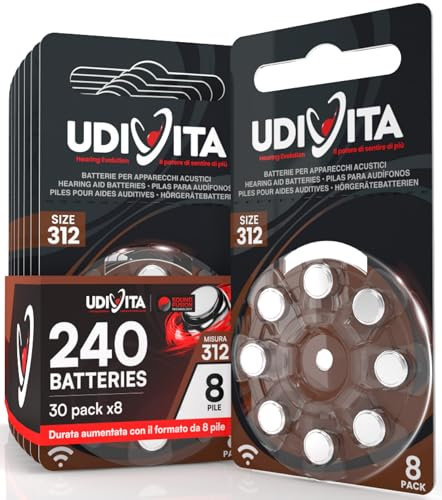 240 Pilas para Audífonos Tamaño 312 Udivita PR41 (Marrón) Zinc-Aire Hearing Evolution con Tecnología Phono Pulse - 30 Blísteres de 8 Pilas