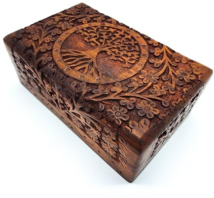 Caja de Madera Hecha a Mano Tamaño L con Árbol de la Vida para Almacenamiento de Joyas Regalo Espiritualidad Familiar Estilo de Vida India (Tamaño L 20 x 12.5 x 7.5 cm Peso Aprox. 700 g)