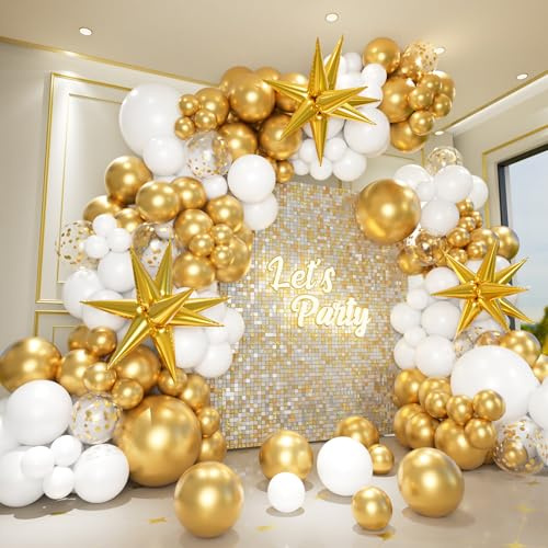 249Pcs White and Gold Balloons Garland Arch Kit with Explosion Star Foil Balloons for Wedding Engagements Birthday New Year Eve Bridal Shower Baby Shower Anniversary Graduation Decorations