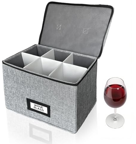 HURZMORO Wine Glass Storage Box with Dividers, Holds 6 Red or White Wine Glasses, Hard Top and Sides,6 Compartment Stemware Storage Container, Grey