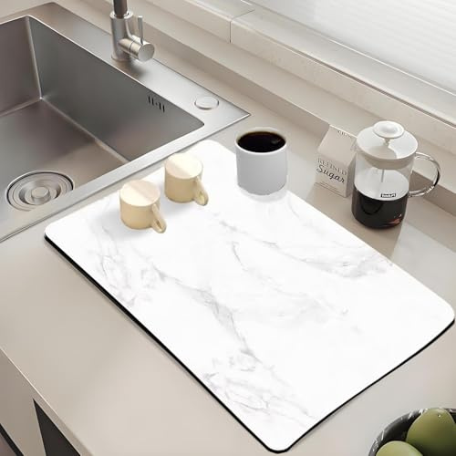 WLHFDC Tappetino Scolapiatti Super Assorbente Cucina 30x40cm,Tappetino Macchina Caffe,Ad Asciugatura Rapida Antiscivolo da Lavello Accessori per Piano di Lavoro del Lavello(Bianco Marmo)