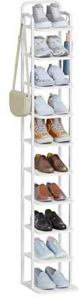 Hzuaneri Vertical Shoe Rack for Small Spaces, White | 10-Tier, 26.5 cm Wide, Wood Shoes Organizer with 2 Hooks for Closet, Entryway, Freestanding, SR11213W