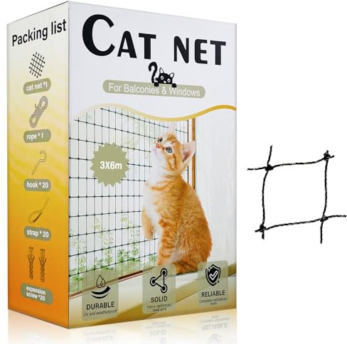 Holilo Katzennetz für Balkon, 3x6m Katzennetz Drahtverstärkt mit Befestigungsseil und Zubehör, Katzenschutznetz Wetterfest & UV-beständig, Geeignet für Balkon, Fenster, Oberlichter