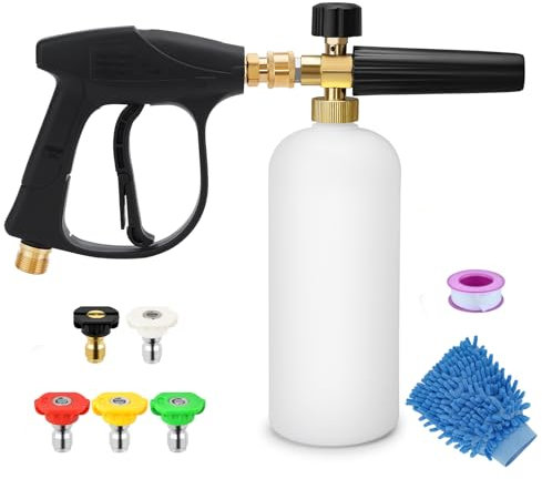 Laopypor Pressure Washer Foam Cannon Lance Gun with 5 Water Nozzle Tips, 1L Adjustable 1/4 Quick Release Soap Dispenser Bottle with Snow Foam Gun for Car Wash