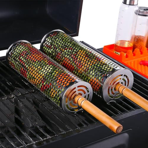 2 st rullande grillkorgar, grilltillbehör med trähandtag, gafflar och krokar, 304 rostfritt stål, utomhuscamping, grönsaker, räkor (uppgraderad 2 x rund)