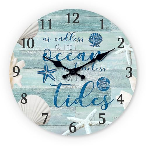 Nuovo, Orologio da parete, 35 cm, Orologio da parete nautico, silenzioso, senza ticchettio, design oceanico con conchiglie e stelle marine, decorativo per cucina, soggiorno, camera da letto, bagno