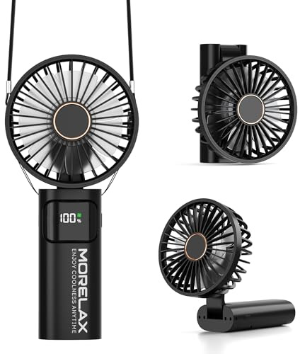 Morelax Ventilador de Mano, Mini Ventiladors Portátil, 5200mAh Recargable, Bolsillo Pequeño Ventilador Con 6 Niveles de Velocidad, USB，Plegable 180° para Casa, Oficina, Escuela, Exterior, Negro