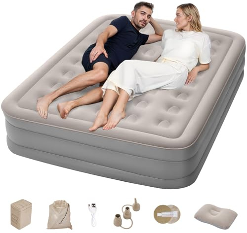 Warmiehomy King Inflatable Mattress, Deflation Air Bed with Built-in Electric Pump, Double Blow Up Mattress in 2.5 Mins Self-Inflation, Flocked Surface Air Mattress for Home Camping 200x150x40cm, Grey