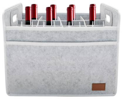 KeaJuidy 12 Bottle Wine Tote Bag, 15 x 12.6 x 10.6 Inch Collapsible Insulated Thermal Padded Felt Beer Tote, Reusable Wine Storage Bags for Travel Party Camping Picnic Vacation, Grey