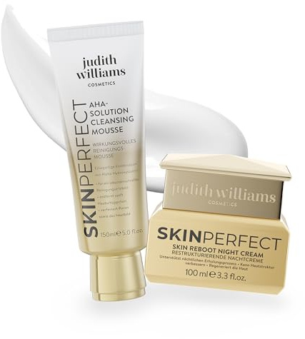 Judith Williams Cosmetics – Night-Set SkinPerfect – Nachtpflege Set 2-teilig – AHA Reinigungsschaum (150ml) & Reboot Nachtcreme (100ml) – Anti-Aging Pflege bei müder Haut & großen Poren