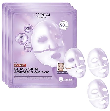 L'Oréal Paris - Masque Visage Hydrogel Éclat, Hydratation Intense, Effet Repulpant à l'Acide Hyaluronique, Inspiré de la Beauté Coréenne - Lot de 3 - Revitalift Filler Glass Skin
