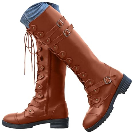 Botas altas hasta la rodilla para mujer, botas con cordones, hebilla de moda, cinturón de puntera redonda, tacones gruesos, botas de cuero vaquero, botines casuales de invierno, tacón de cuña, cómodos