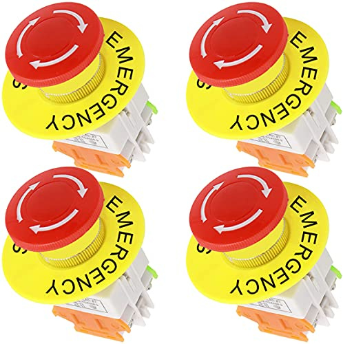 HAAMNING7 4PCS Emergency Stop Push Button Switch Latching 22mm Mounting Hole Red Mushroom Cap 1NO 1NC with 60mm Emergency Stop Sign