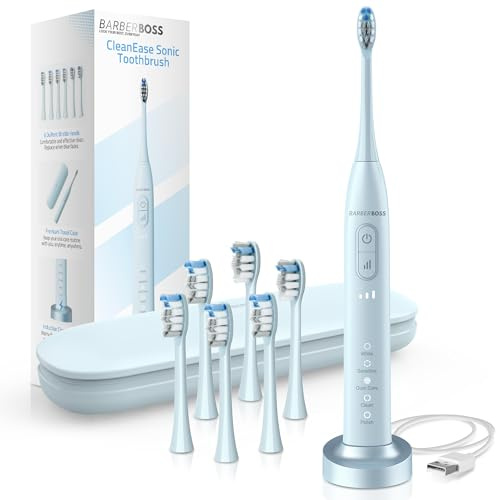 BarberBoss Cepillo de dientes sónico para adultos, cepillo de dientes eléctrico recargable con 5 modos de limpieza, 3 niveles de intensidad, sensor de presión inteligente (Azul Celeste)