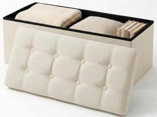 edihome, Puff Almacenaje Plegable, (38 x 110 x 38 cm), Baul, Otomana con Tapa – Banco de Tela Organizador y Asiento para Dormitorio y Pie de Cama (Blanco Marfil, 38 x 110 x 38 cm)