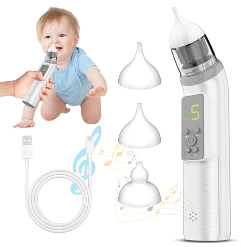 Aspirapolvere nasale per bambini, aspiratore nasale elettrico per neonati con 5 livelli di aspirazione, 3 livelli di aspirazione regolabile, funzione di musica e luce lenitiva, ricaricabile, rumore
