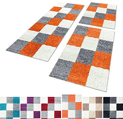 Tappeto shaggy a pelo lungo, set di 3 pezzi, set di scendiletto, passatoia, per camera da letto o corridoio, Polipropilene, terra, 2x80x150+1x80x250
