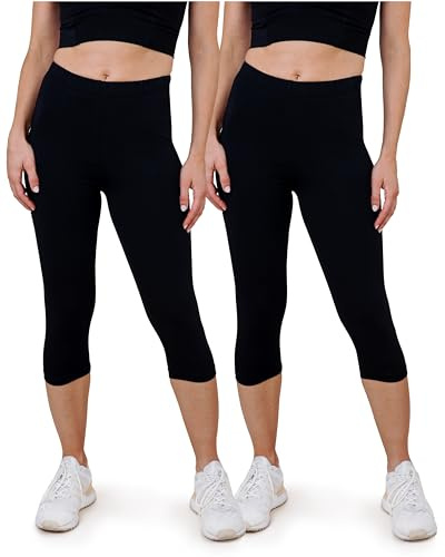 SES Leggings Capri da donna lunghi a 3/4, confezione da 2 pezzi, da 32-34 a 56-58, opachi ed elastici con vita morbida e vestibilità perfetta, cotone con elastan, Nero , 50-52