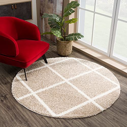 SANAT Madrid Shaggy Teppich Rund - Hochflor Teppiche für Wohnzimmer, Schlafzimmer, Küche - Beige, Größe: 80 cm