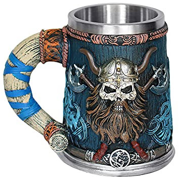 OTARTU Valhalla Viking Stainless Steel Single Handle Horn Skull Beer Stein Tankard, Nordic Viking Warrior Skull Mug Tankard 550ML, Halloween Bar Drinkware Men’s Gift