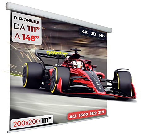 GAINUP Schermo Proiettore Motorizzato | 200x200cm (111 Pollici) 200cm | Formato 4:3 16:9 16:10 - Telo Bianco con Retro Nero - Telo Proiezione Elettrico 2 Metri - Videoproiezione 2mt 3D Full HD 4K 8K
