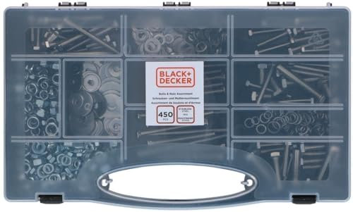 BLACK+DECKER Schrauben und Muttern Sortiment 450 Stück - Set mit Werkzeugkoffer - Verschiedene Arten/Größen - Edelstahl - Silber