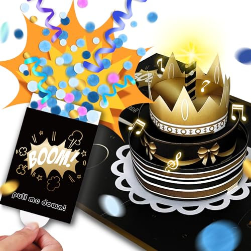 „BOOM“Geburtstagskarte, Pop-up-Karte mit explodierendem Konfetti, Geburtstagskarte mit Musik, 3D-Pop-up-Karte mit ausblasbarem Licht und Spielen von Happy Birthday-Lied-Grußkarten für Männer, Frauen