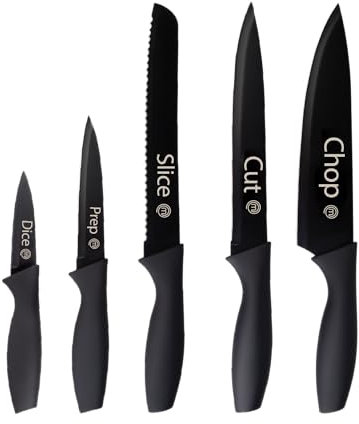 MasterChef Set Coltelli da Cucina, Collezione di Coltello Chef per Pane, Carne e Verdure, Acciaio Inox, Prova di Calore, Lavabile in Lavastoviglie, 5 Pezzi, Nero, Captions