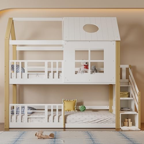 FEZTOY Kinderbett Hausbett 90x200 Etagenbett für 2 Kinder, Baumhaus Hochbett mit Fenster Funktionsbett Holzbett mit Rausfallschutz und Lattenrost, Treppe, ohne Matratze