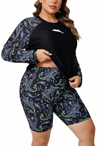 Halcurt Women's Built in Bra Long Sleeve Rash Guard Plus Size 2 Piece Swimsuit Shirt and Shorts, Black Paisley, 1x