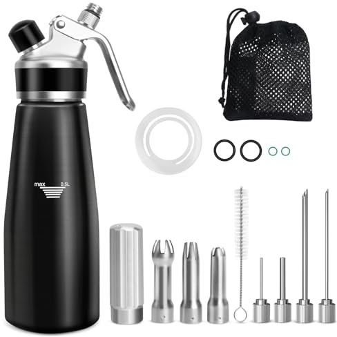 Sifone da Cucina,500ML Sifone Panna Montata Alluminio,Sifon da Casa per Spume Panna Montata Dolci E Salate Mousse Decorazioni,4 punte per iniettori,3 beccucci in acciaio inossidabile,Pennello pulito